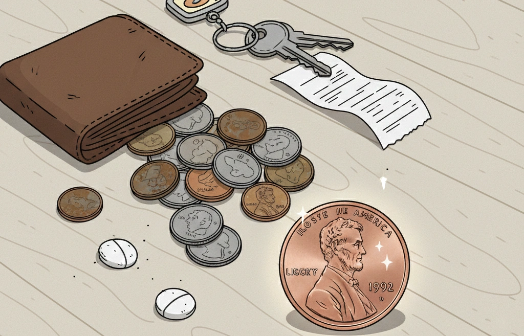 Pocket spill scene where a 1992 penny error stands out from normal coin