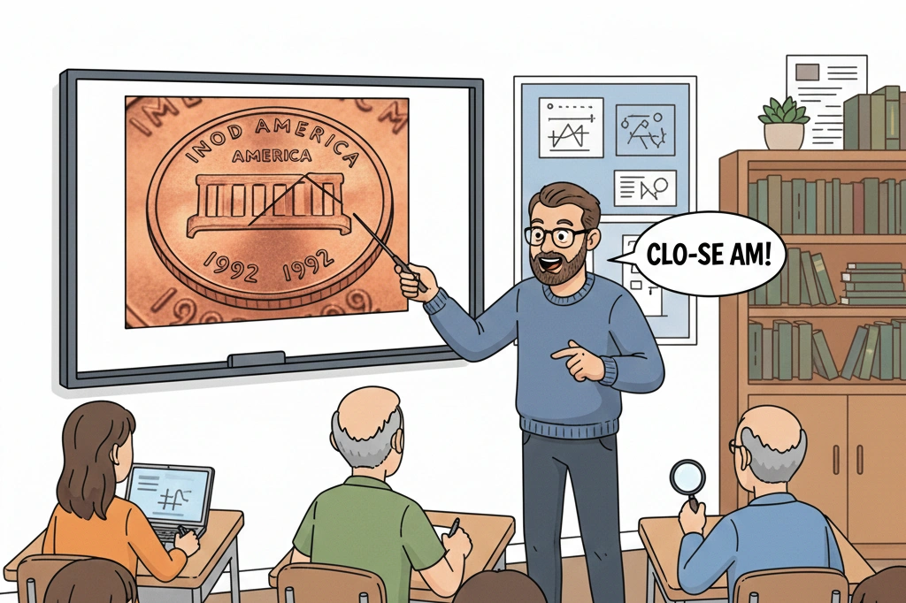 Coin expert explaining a 1992 penny error to a small audience