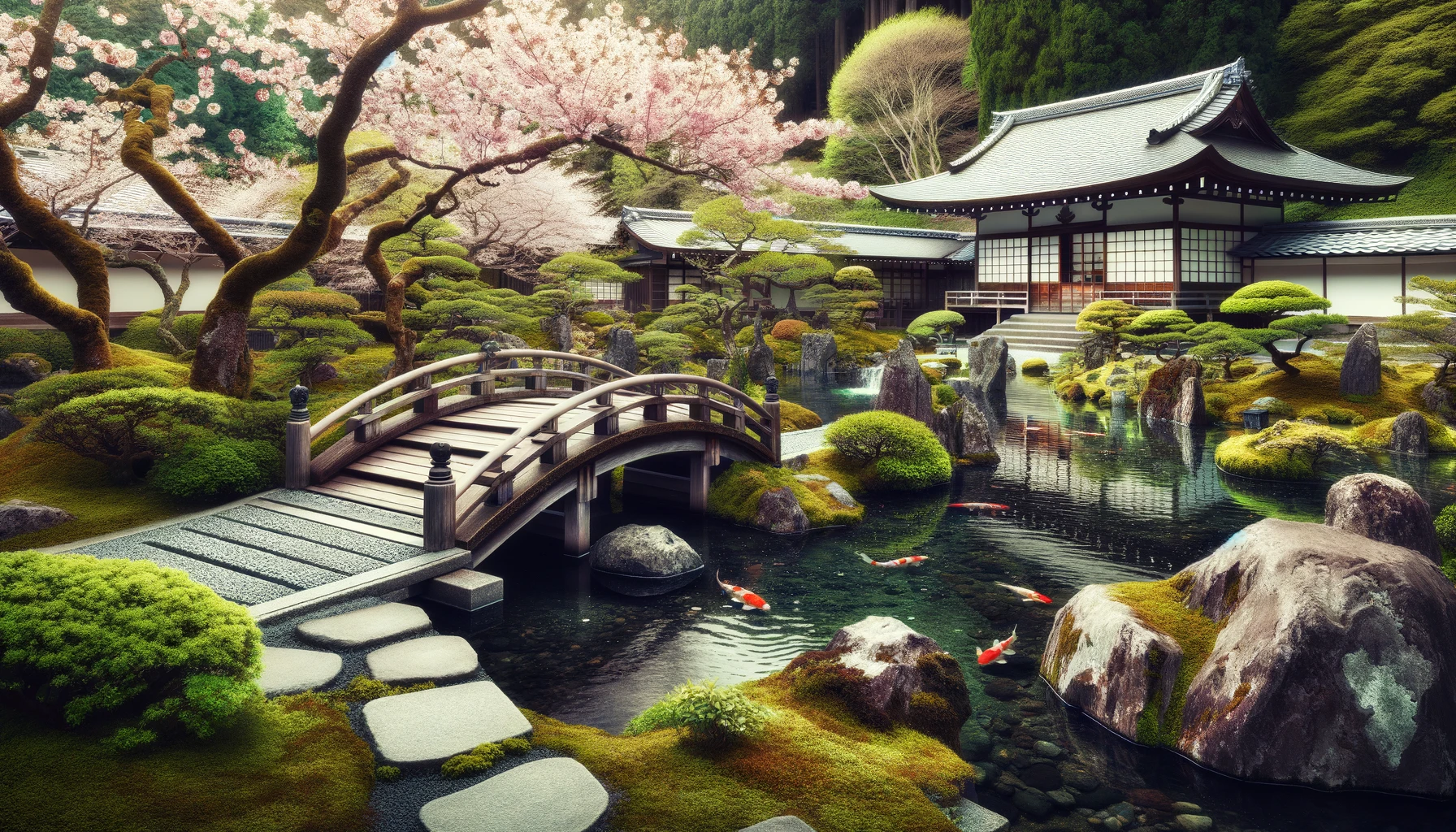 A serene Japanese garden with stone paths, cherry blossoms, and a traditional wooden bridge over a koi pond.