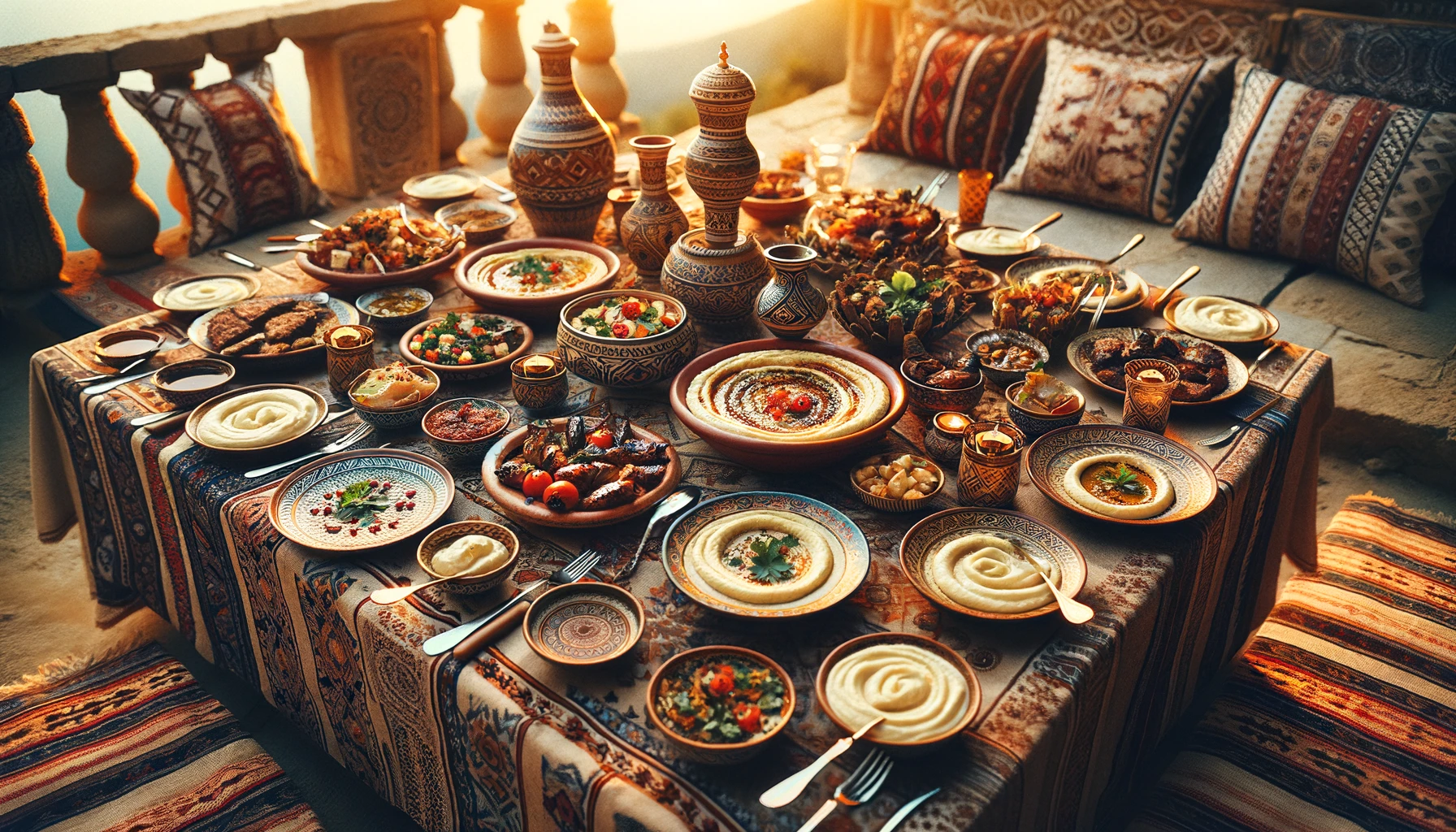 An elegant Middle Eastern dining setting with a richly decorated table covered with traditional dishes like hummus, tabbouleh, and grilled meats.