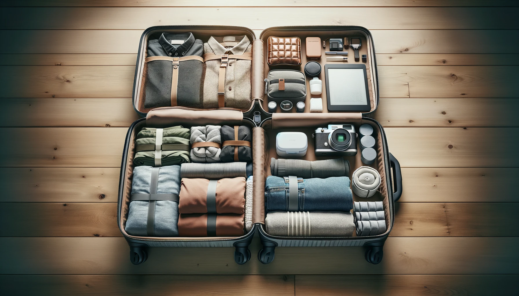 A neatly organized suitcase with packing cubes and rolled clothing in a neutral color palette, including essential travel items like a compact camera, travel-sized toiletries, and a digital e-reader.