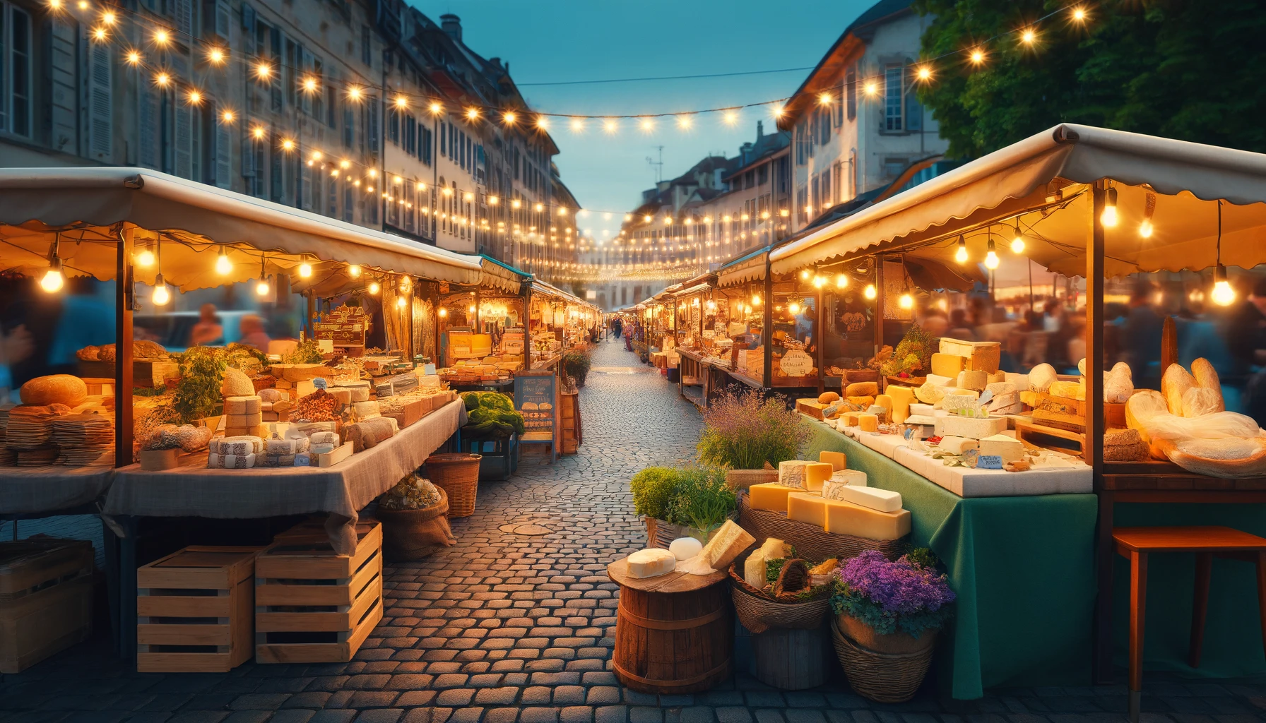 An early evening view of a European street food market, showcasing a variety of gourmet stalls offering artisanal cheeses, freshly baked breads, and local wines.