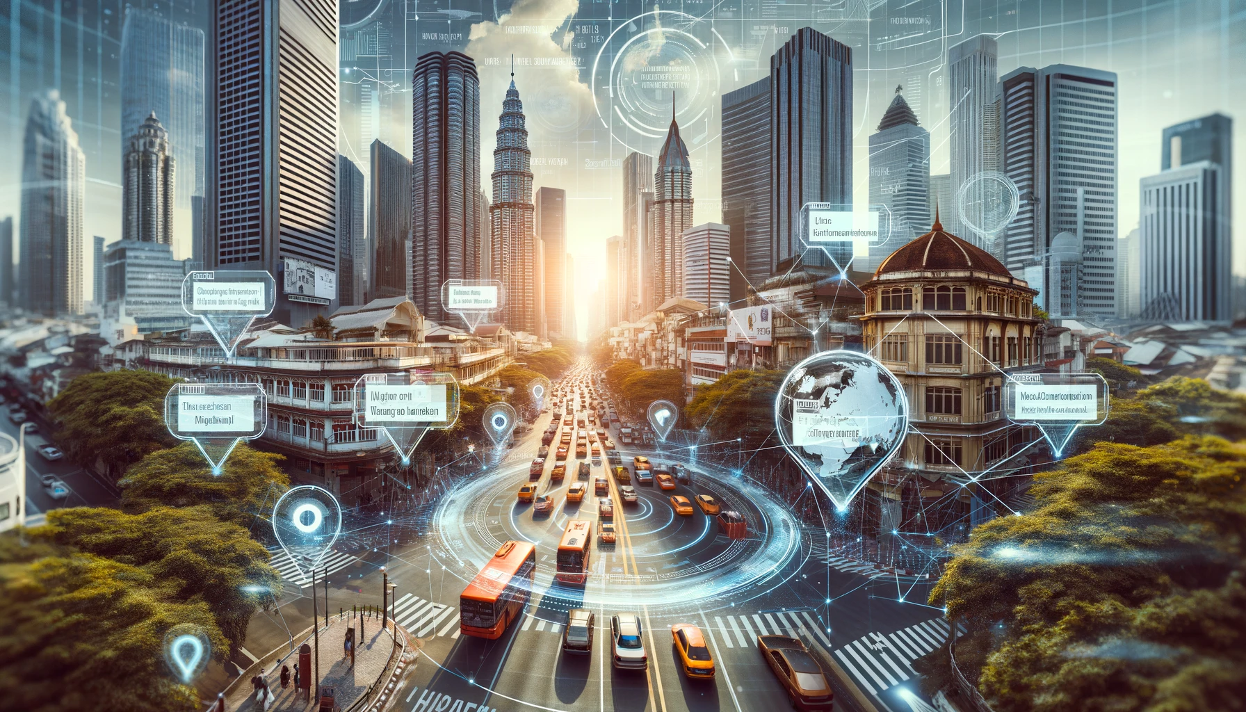 An urban street view showing interactive augmented reality (AR) navigation paths and points of interest, superimposed on the cityscape.