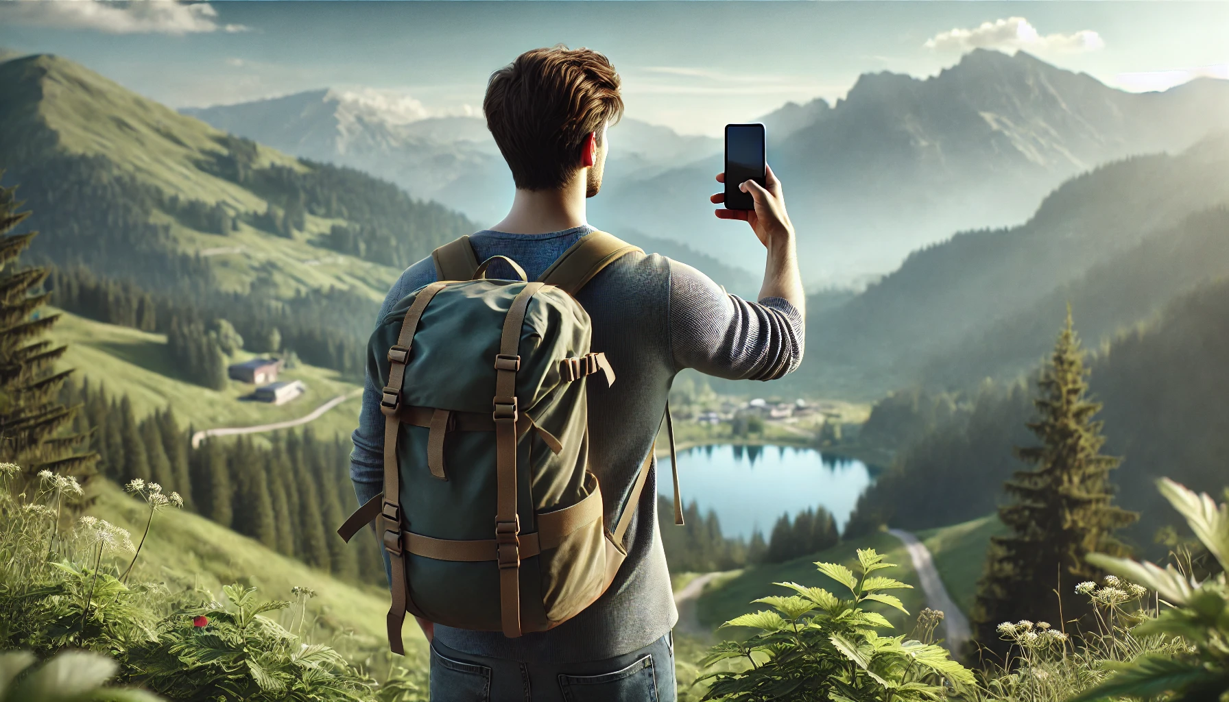 A traveler with a backpack stands on a scenic overlook, holding up a phone to capture the breathtaking view of lush green hills, a serene lake, and distant mountains under a clear sky.