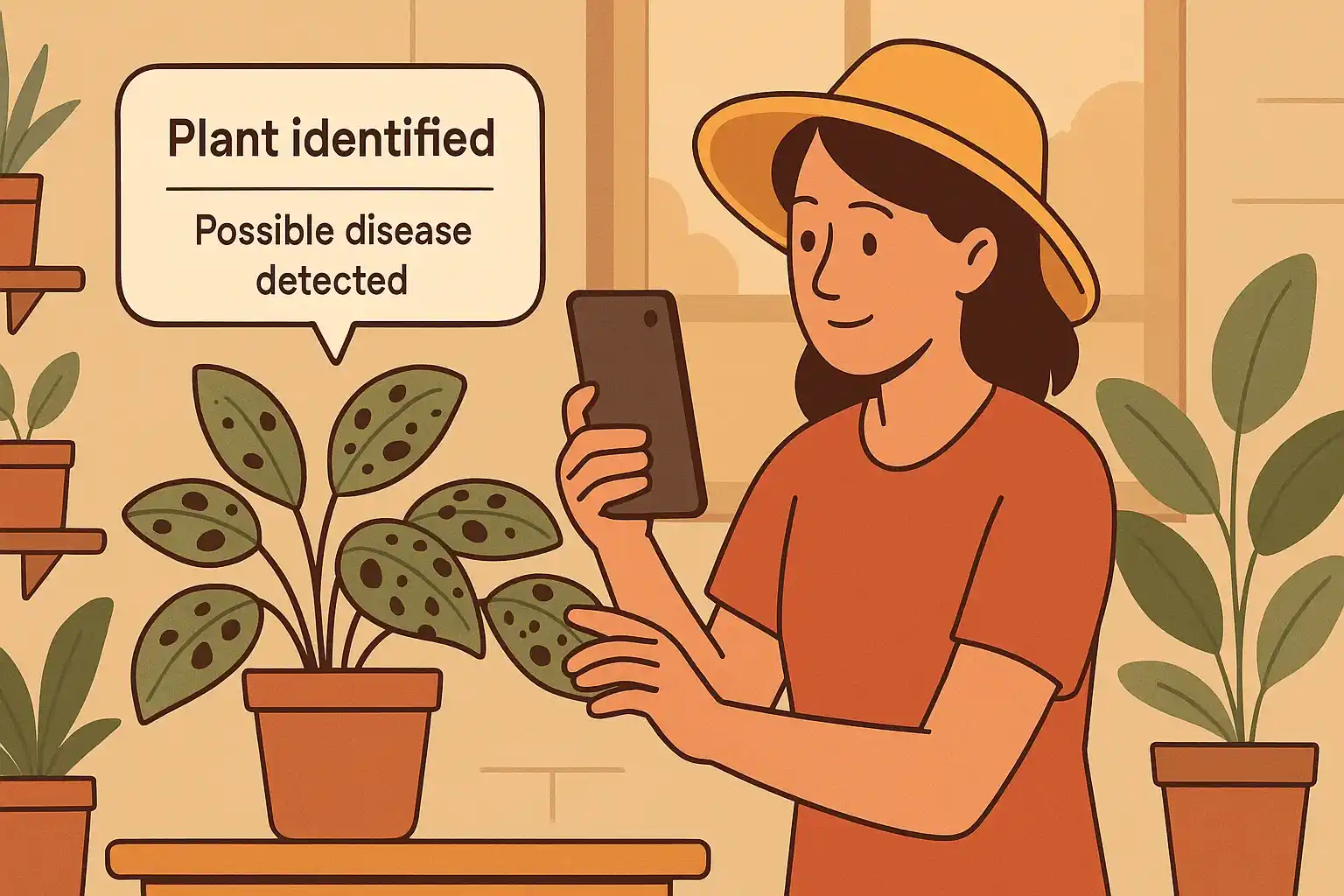 a woman taking pictures of plants on her phone for a plant disease identification