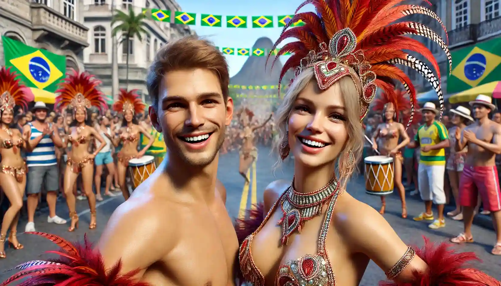 Two brightly dressed samba dancers are taking part in the Rio Carnival. 