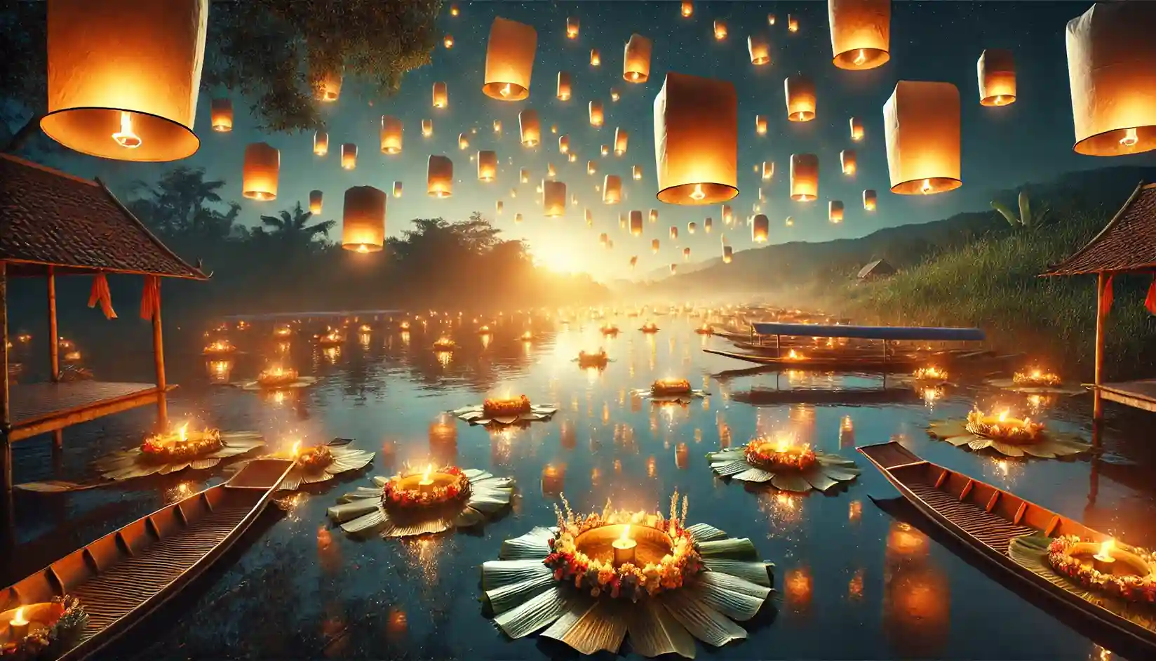 A serene night time scene filled with glowing paper lanterns floating in the sky and below a calm river is covered with small boats made from banana leaves, each adorned with flowers and candles.